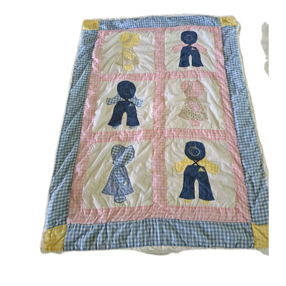 Vintage Handmade Sunbonnet‎ Sue and Overall Bill Baby Quilt Stains Cutter 33x46